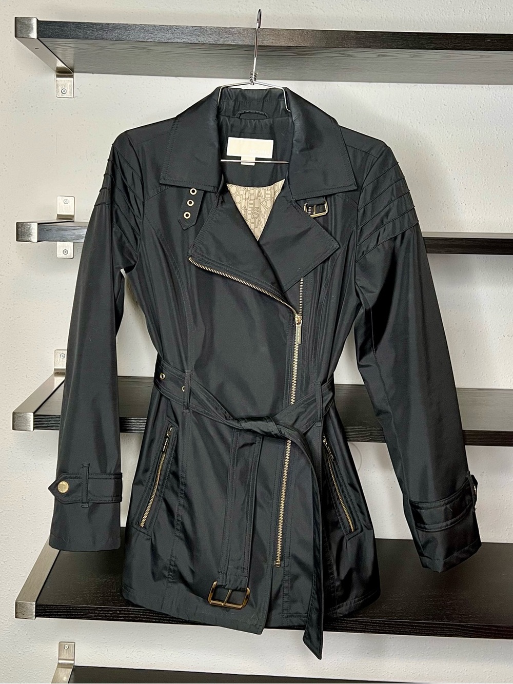 Michael Kors Black Asymmetric Trench Coat with Belt